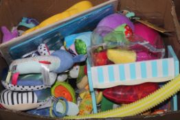 Box Containing A Large Assortment of Children's Toy Items to Include Octopus Teddies, Children's