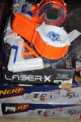 Assorted Boxed and Unboxed Children's Toy Items to Include Nerf Strike Guns and Laser Strike Tag