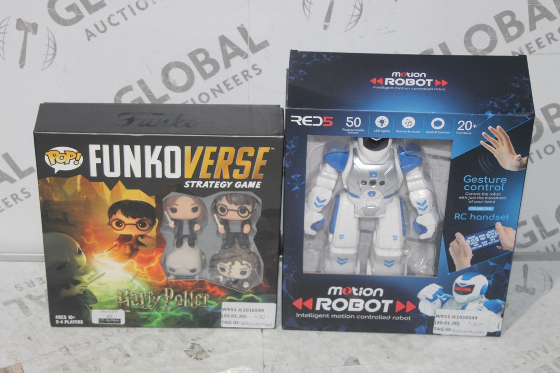 Assorted Children's Toy Items to Include Pop Funkoverse Strategy Game and a Red Five Motion Robot