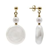 9ct 13mm Coin Pearl drop earrings, Metal 9ct Yello