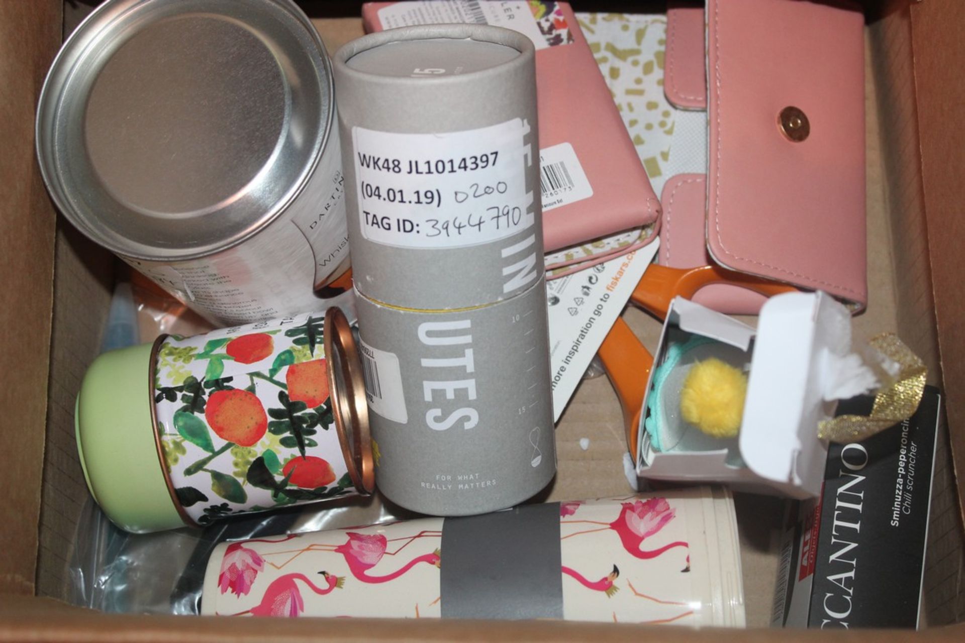 Lot to Contain 9 Assorted Items to Include Whiskey Glasses, 15 Minute Timers, Travel Mugs, Scissors,