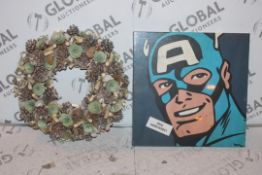 Lot to Contain 4 Assorted Items to Include Decorative Wreaths, Metal Wall Art Plaques and Avengers