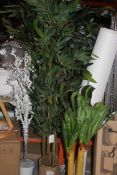 Lot to Contain 3 Assorted Artificial Potted Plants and Snow Effect Covered Twig Trees Combined