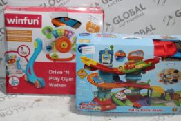 Boxed Assorted Children's Toy Items to Include a Win Fun Try Me Drive and Play Gym Walker and Police