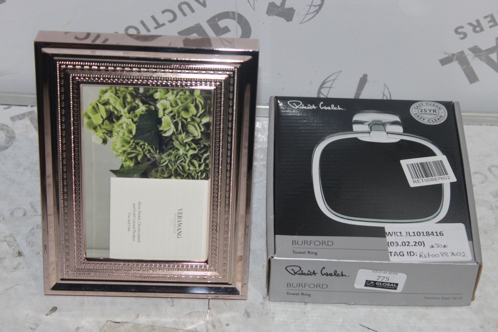 Boxed Assorted Items to Include, Robert Wells Burford Towel Ring, Vera Wang Silver Picture Frame,