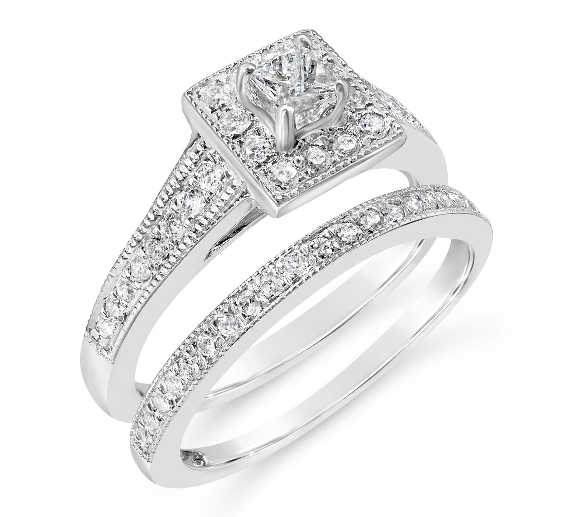 Bridal Set Of Princess cut Diamond Engagement and Wedding Ring in White Gold, Metal 9ct White