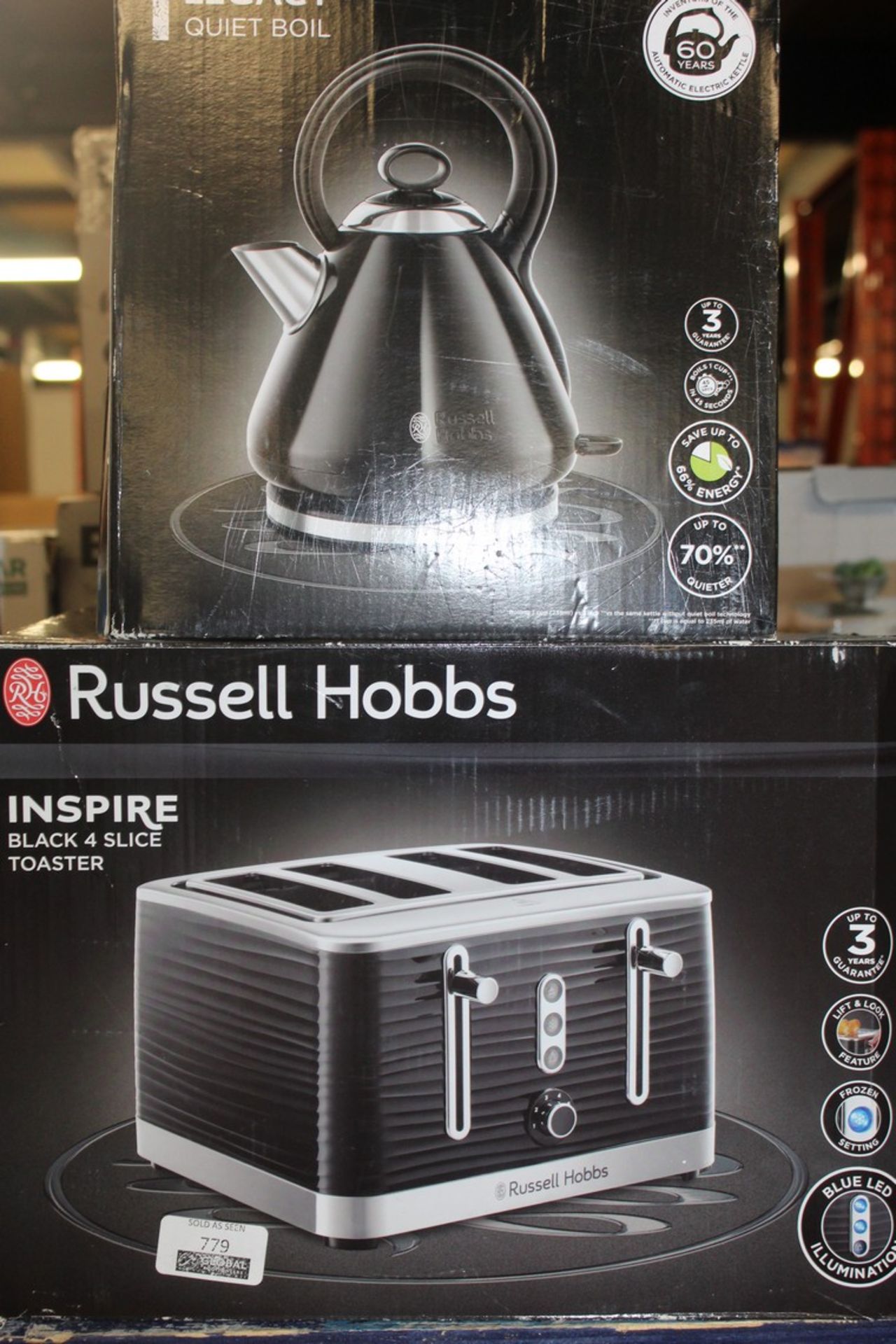 Boxed Assorted Kitchen Items To Include A Russell Hobbs Quiet Boil Kettle And A Russell Hobbs