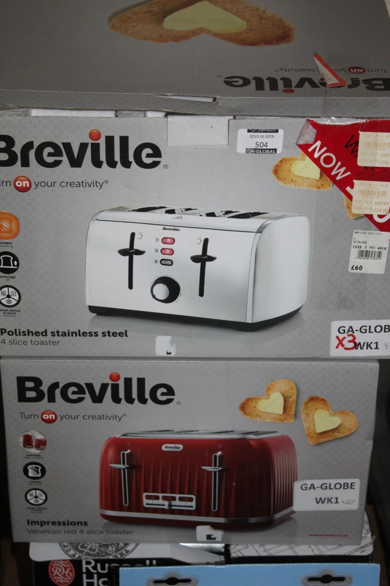 Boxed Russell Hobbs, Breville, 4 Slice Toasters From The Legacy Impressions and Polished Range,