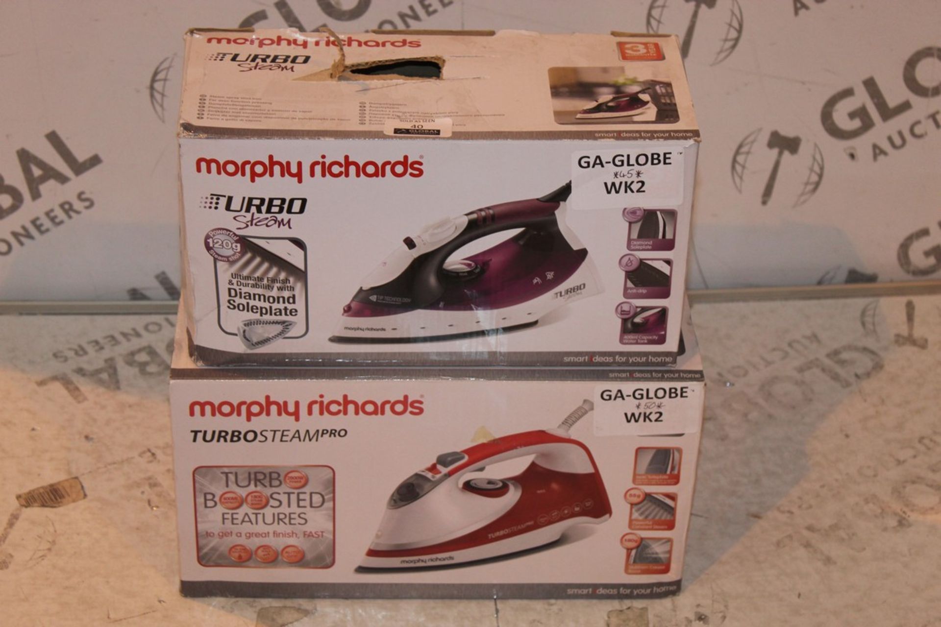 Lot To Contain 2 Boxed Morphy Richards Turbo Steam And Turbo Steam Pro Steam Irons Combined RRP £130