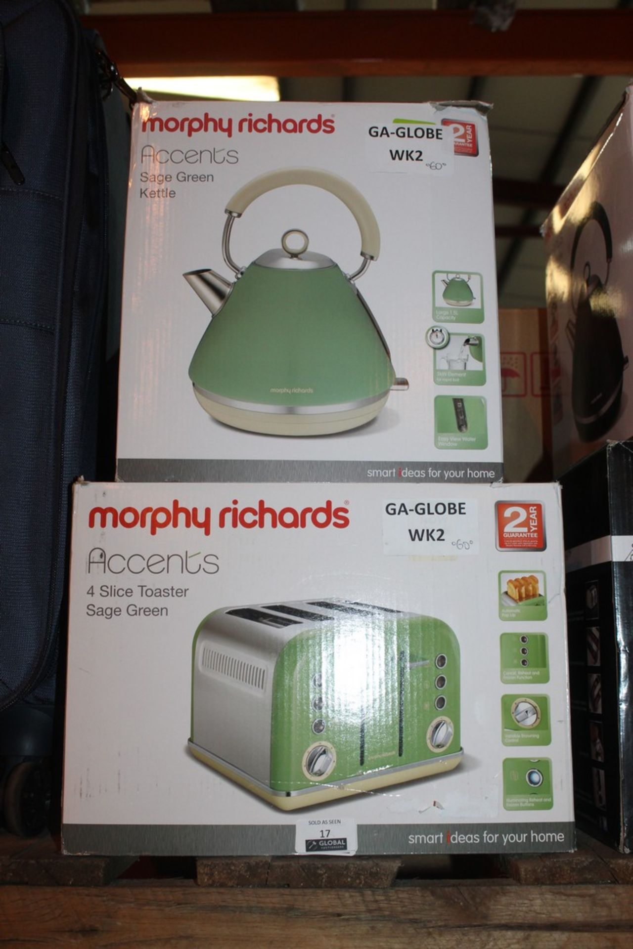 Boxed Morphy Richards Sage Green 2 Piece Kitchen Sets To Include 1.6 Litre Pyramid Cordless Kettle &
