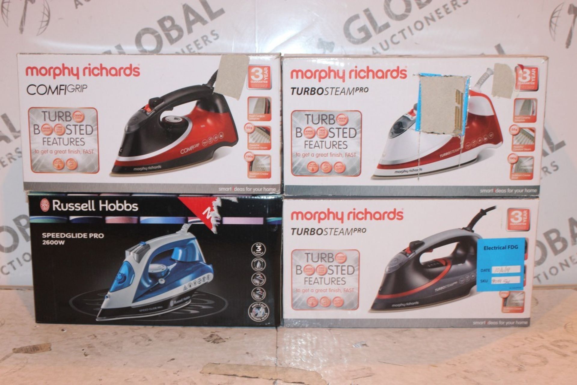 Lot to Contain 4 Assorted Morphy Richards Comfy Grip Morphy Richards Turbo Steam & Russell Hobbs