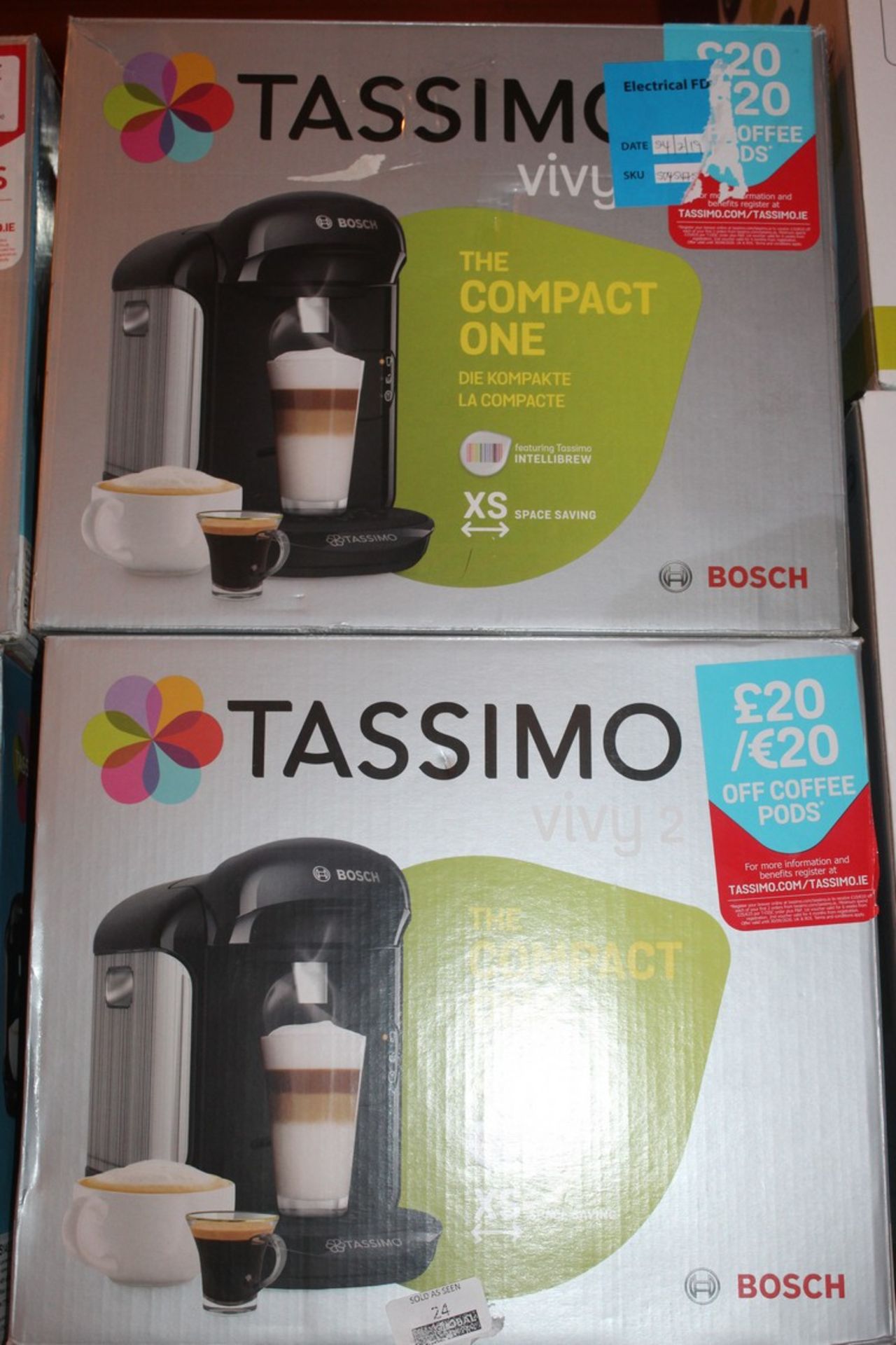 Lot to Contain 2 Boxed Bosch Tassimo Viv2 Coffee Makers RRP £200 (Untested Customer Returns)