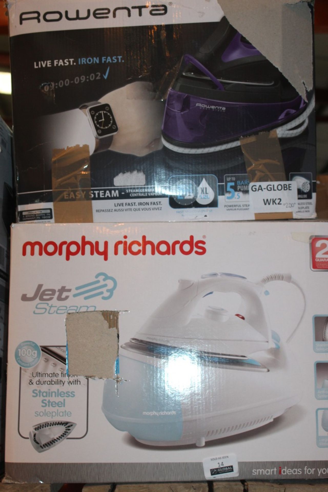 Lot to Contain 2 Boxed Assorted Rowenta Live Fast Iron Fast Speed Generating Irons & Morphy Richards