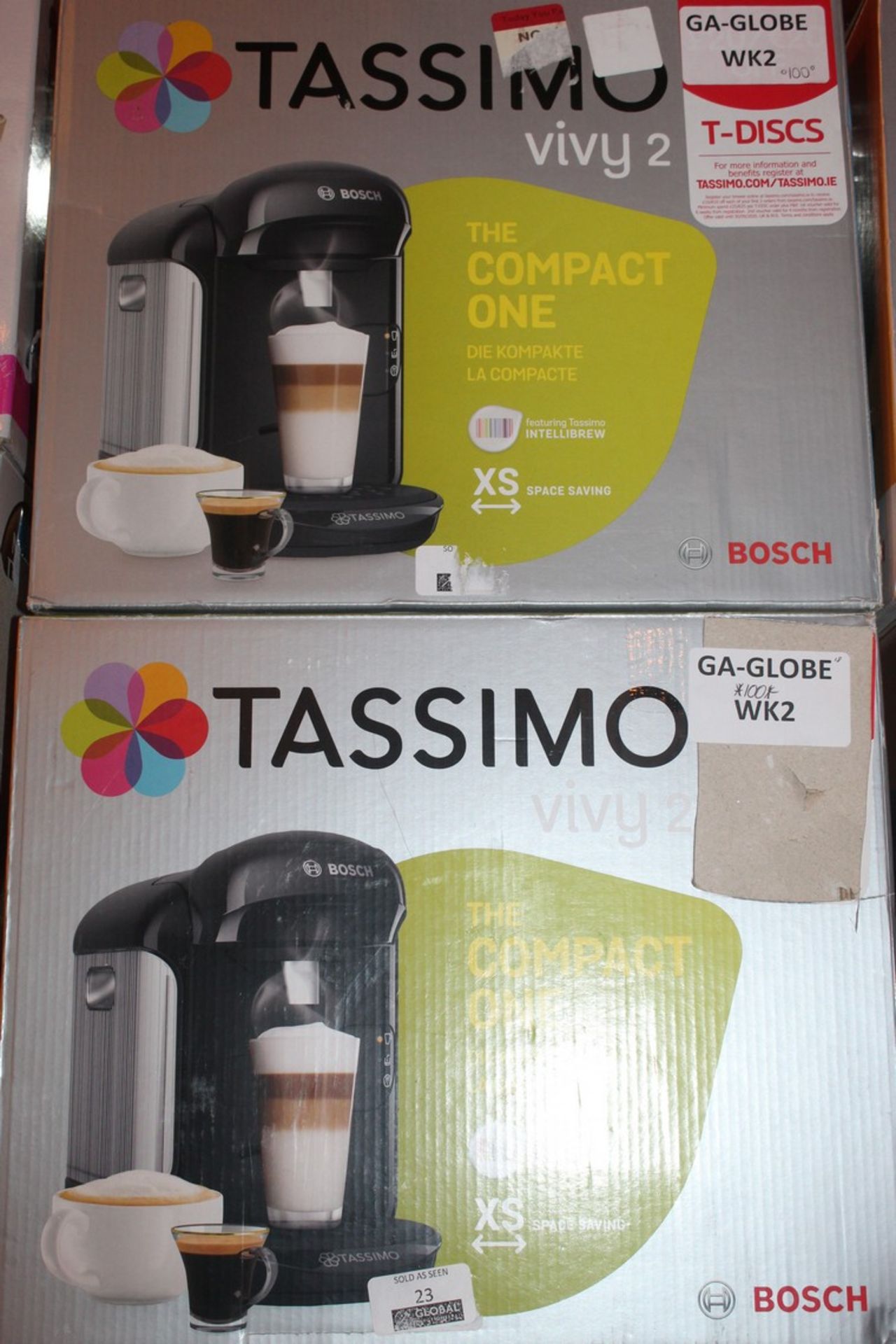 Lot to Contain 2 Boxed Bosch Tassimo Viv2 Coffee Makers RRP £200 (Untested Customer Returns)