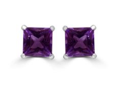 Square Cut Amethyst platinum stud earrings - 0.60ct natural gemstones