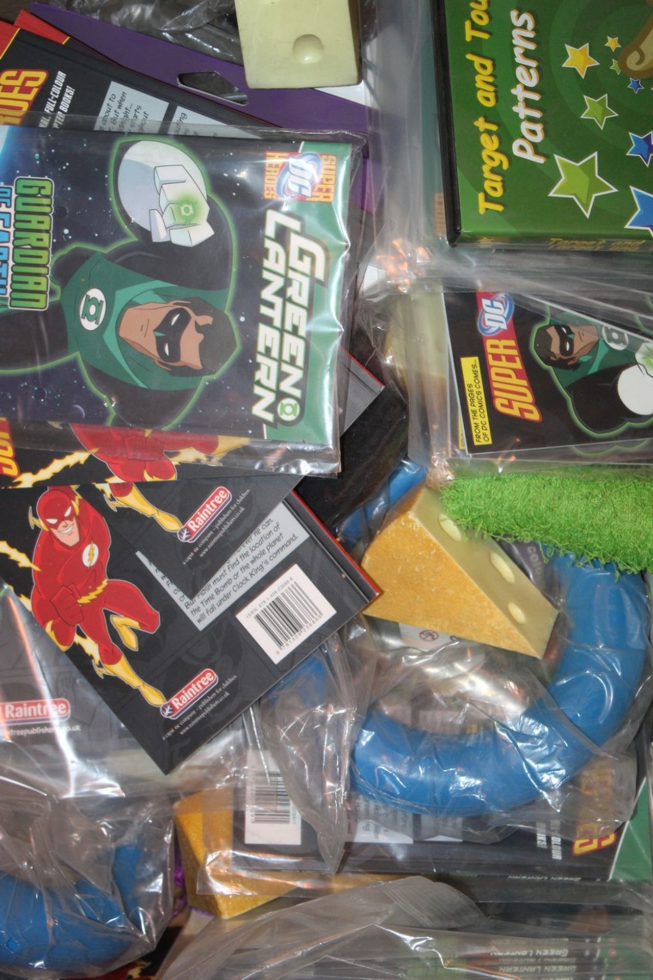 Lot to Contain Large Assortment of Educations Items, Green Lantern Super Hero Books Gymnix Rubber