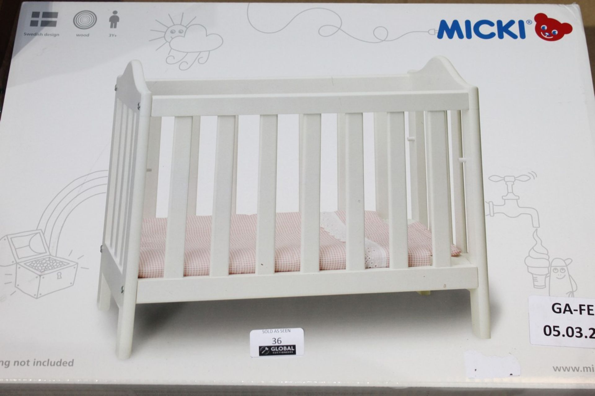 Boxed Micki Wooden Kids Cot Bed With Doll House Cot Toy with Bedding RRP £60 (Appraisals Available)