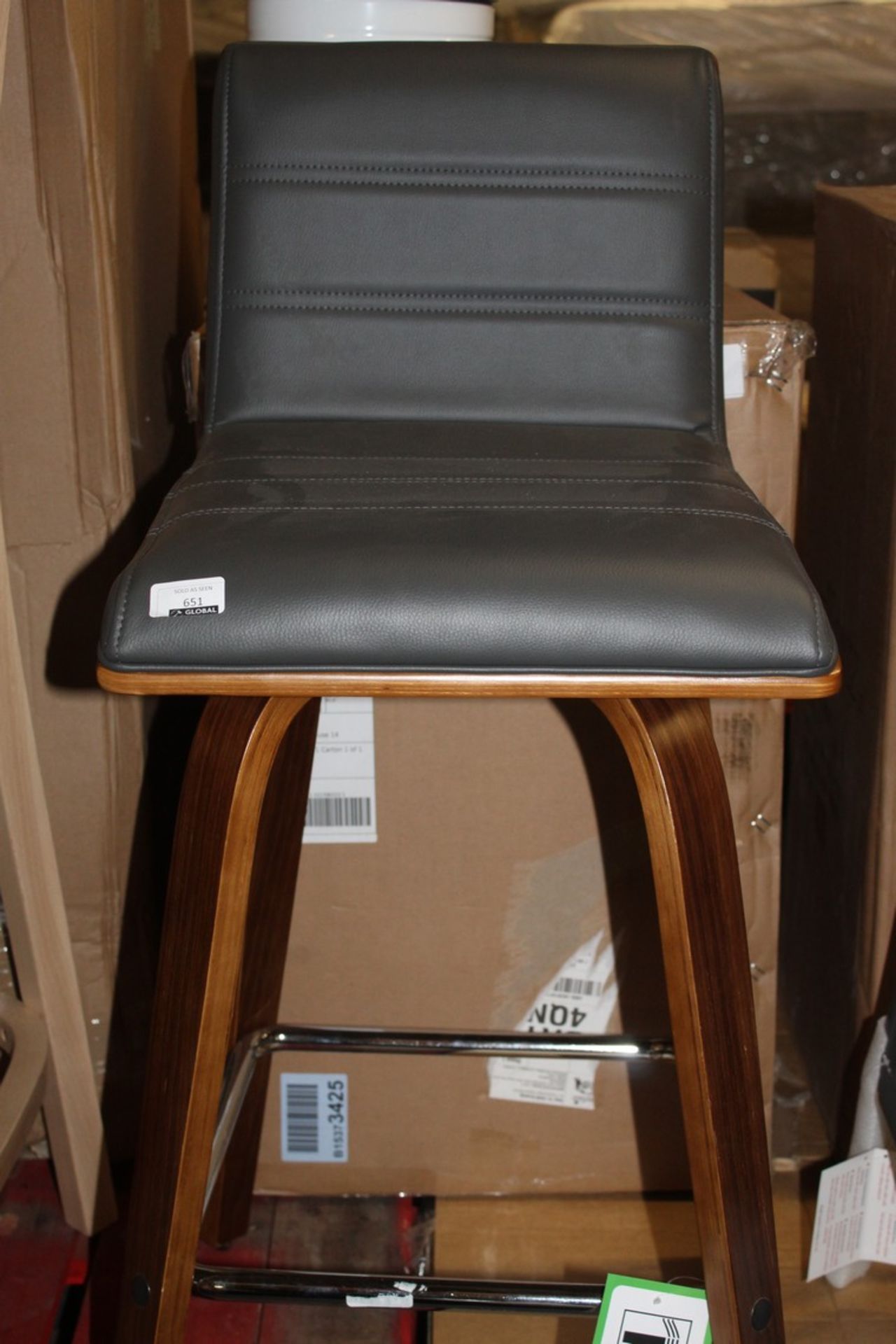 Boxed Denise 66cm Grey Leather And Walnut Wooden Swivel Top Bar Stool RRP £110 (18136) (Appraisals