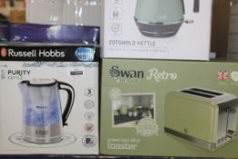 Boxed Assorted Kitchen Items To Include A Russell Hobbs Purity Kettle A Swan Retro Green 2 Slice