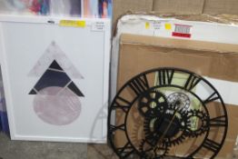 Assorted Items to Include Artist Scot Naksmith Art Picture, Wall Clock, Pink & Nay Abstract Wall Art