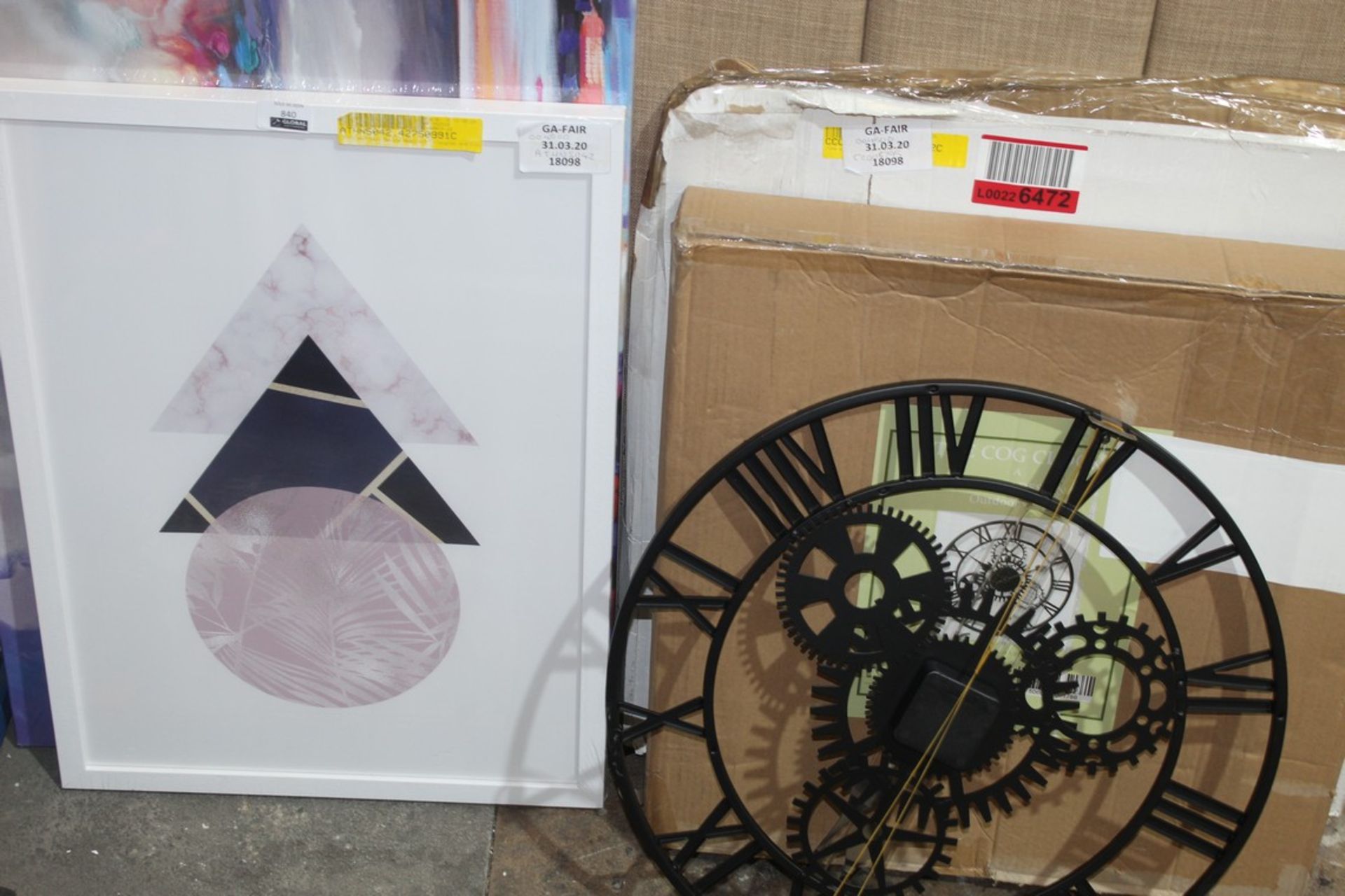 Assorted Items to Include Artist Scot Naksmith Art Picture, Wall Clock, Pink & Nay Abstract Wall Art