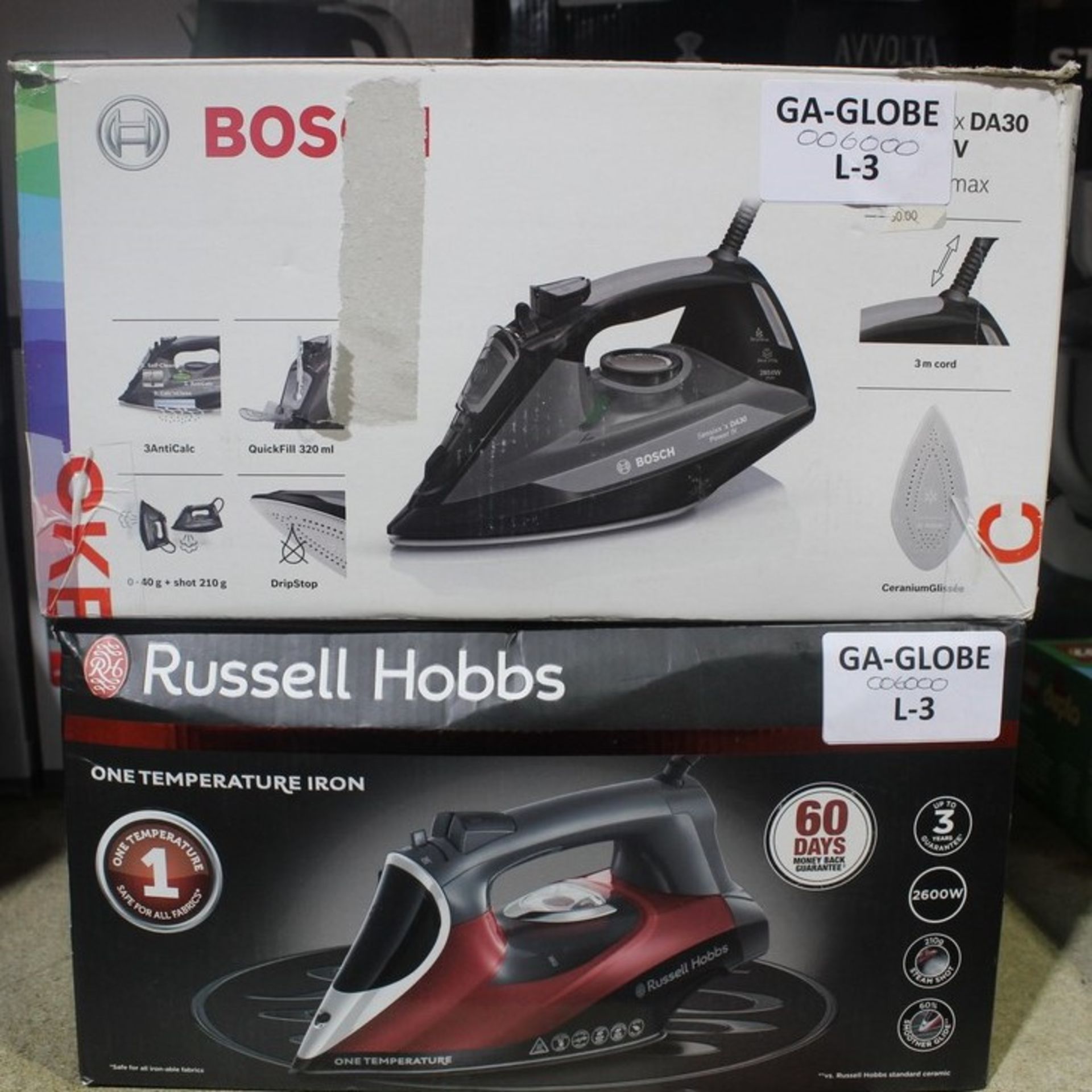 Boxed Assorted Items to Include Bosch Sensex DA30 Steam Irons & Russell Hobbs 1 Temperature Irons