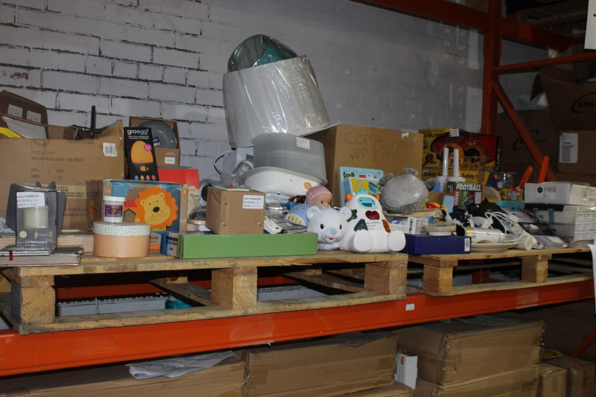 Pallet To Contain A Large Assortment Of Items To Include, Light Shades, Childrens Toy Items,