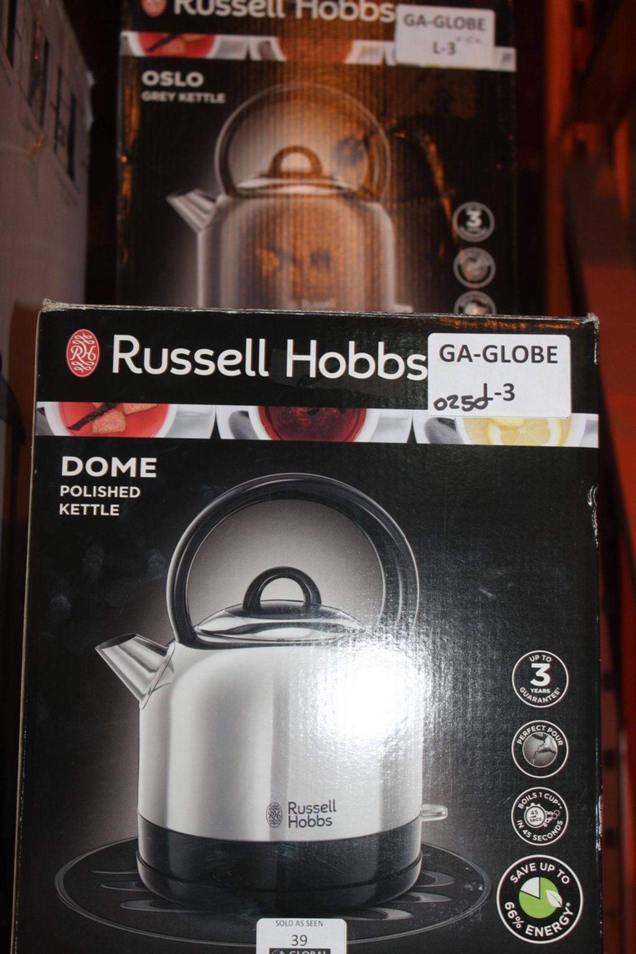 Lot To Contain 3 Boxed Assorted Russell Hobbs Dome And Russell Hobbs Oslo Cordless Jug Kettles