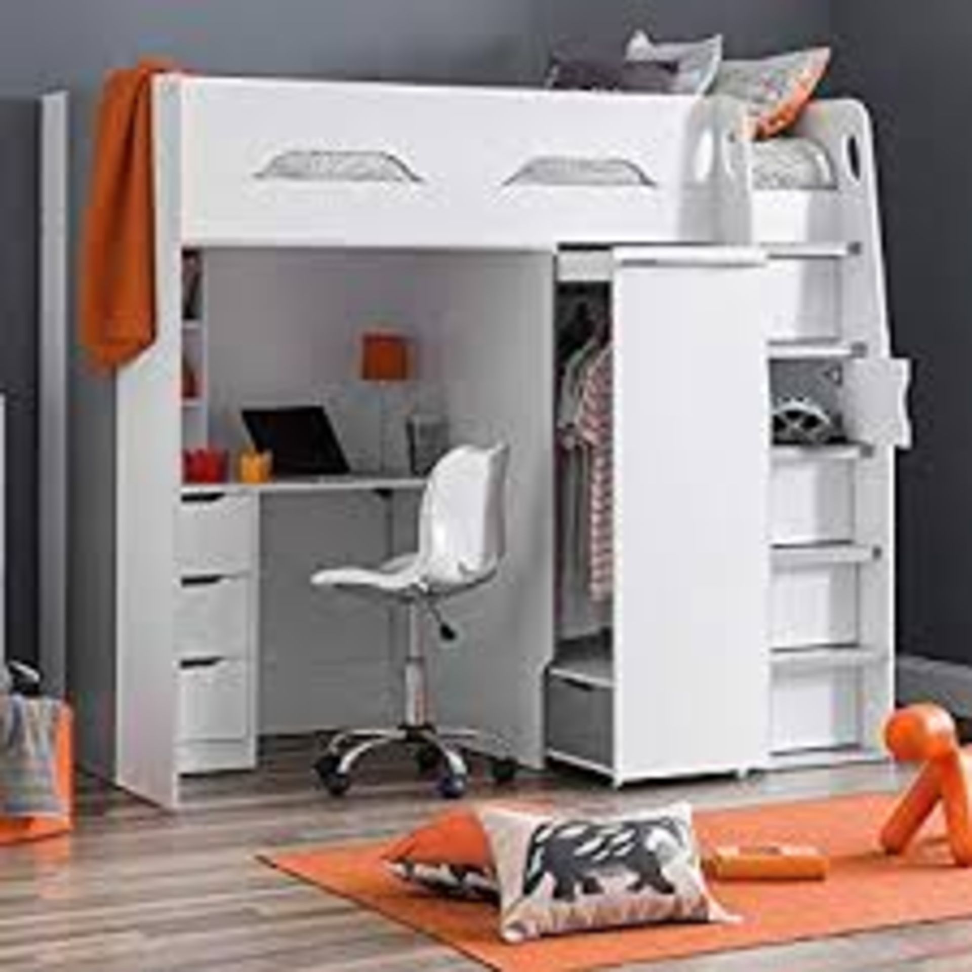 Boxed Pegasus White High Sleeper Bed with Desk & Drawers RRP £670 (18491) (Pictures are for