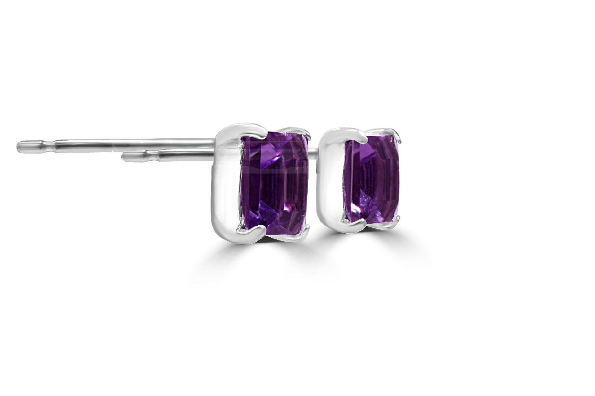 Square Cut Amethyst platinum stud earrings - 0.60ct natural gemstones - Image 2 of 3