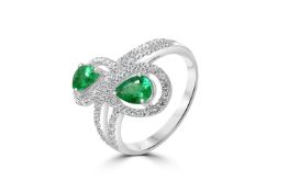 Two Stone Emerald and Diamond 9ct White Gold Ring RRP £2695 Size M