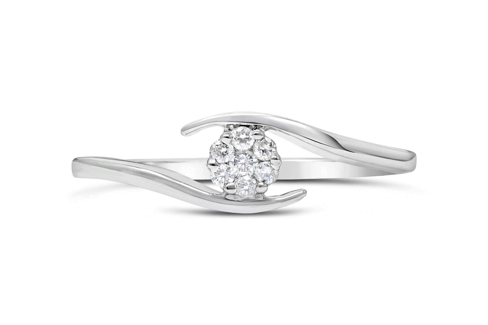Cross Over Diamond 9ct White Gold Ring With 0.08ct Cluster Centre RRP £390 Size K