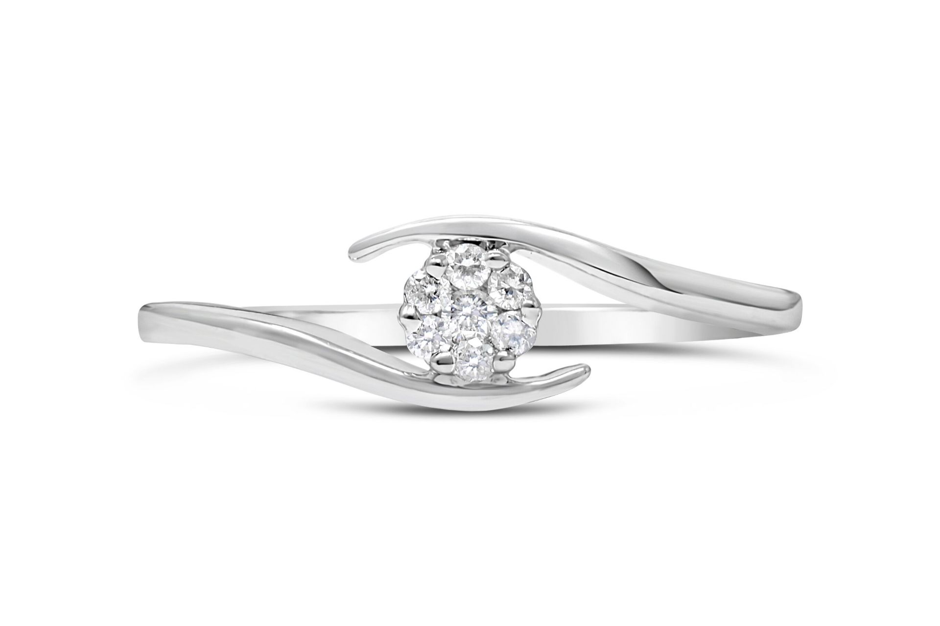 Cross Over Diamond 9ct White Gold Ring With 0.08ct Cluster Centre RRP £390 Size P