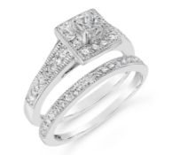 Bridal Set Of Princess Cut Diamond Engagement and Wedding Ring in 9ct White Gold RRP £1350 Size P