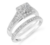 Bridal Set Of Princess Cut Diamond Engagement and Wedding Ring in 9ct White Gold RRP £1350 Size K