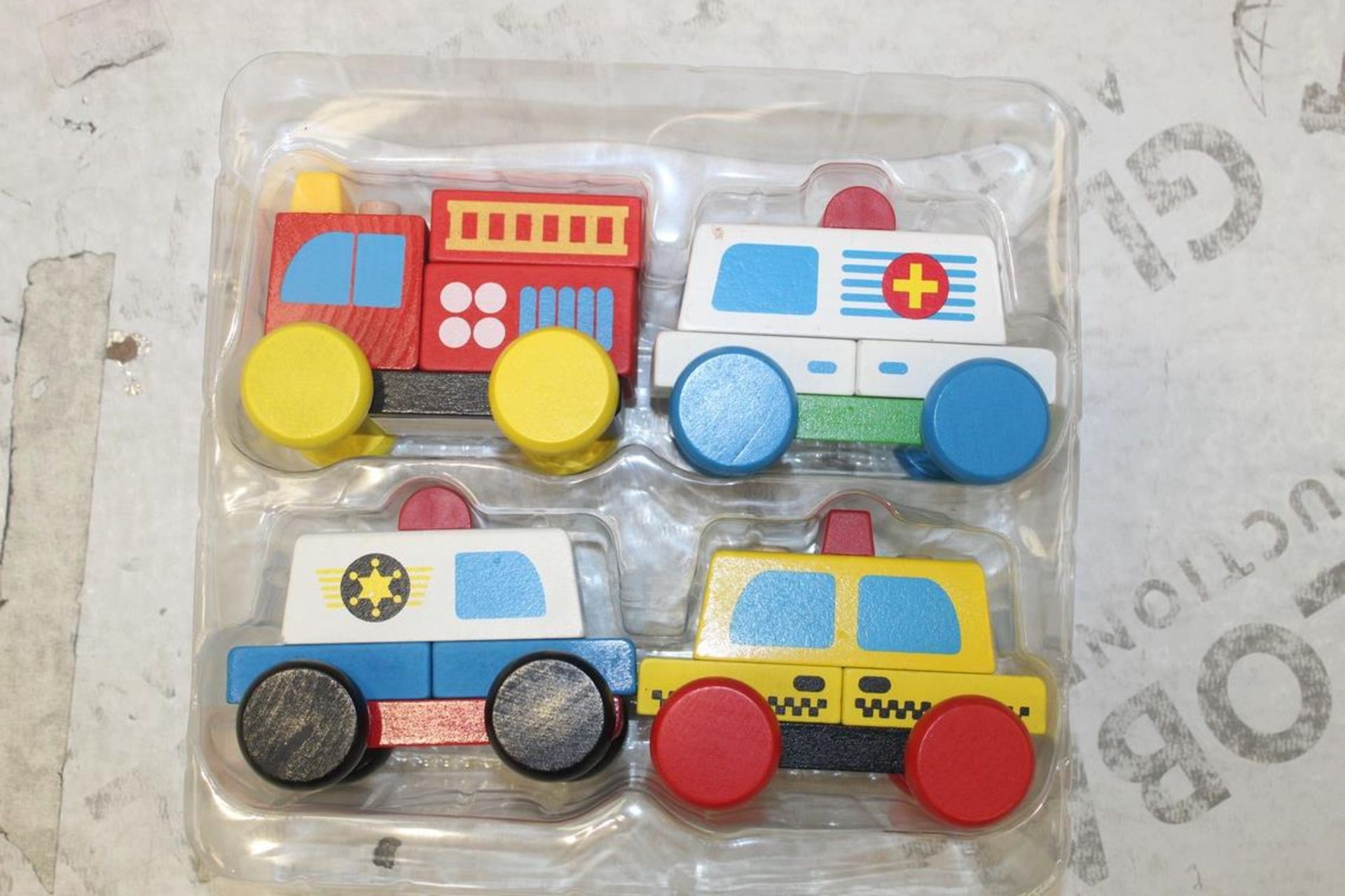 Lot to Contain 6 Boxed Brand New Sets of 4 My First Emergency Vehicles Wooden Push Along Toy Cars