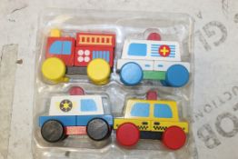 Lot to Contain 6 Boxed Brand New Sets of 4 My First Emergency Vehicles Wooden Push Along Toy Cars