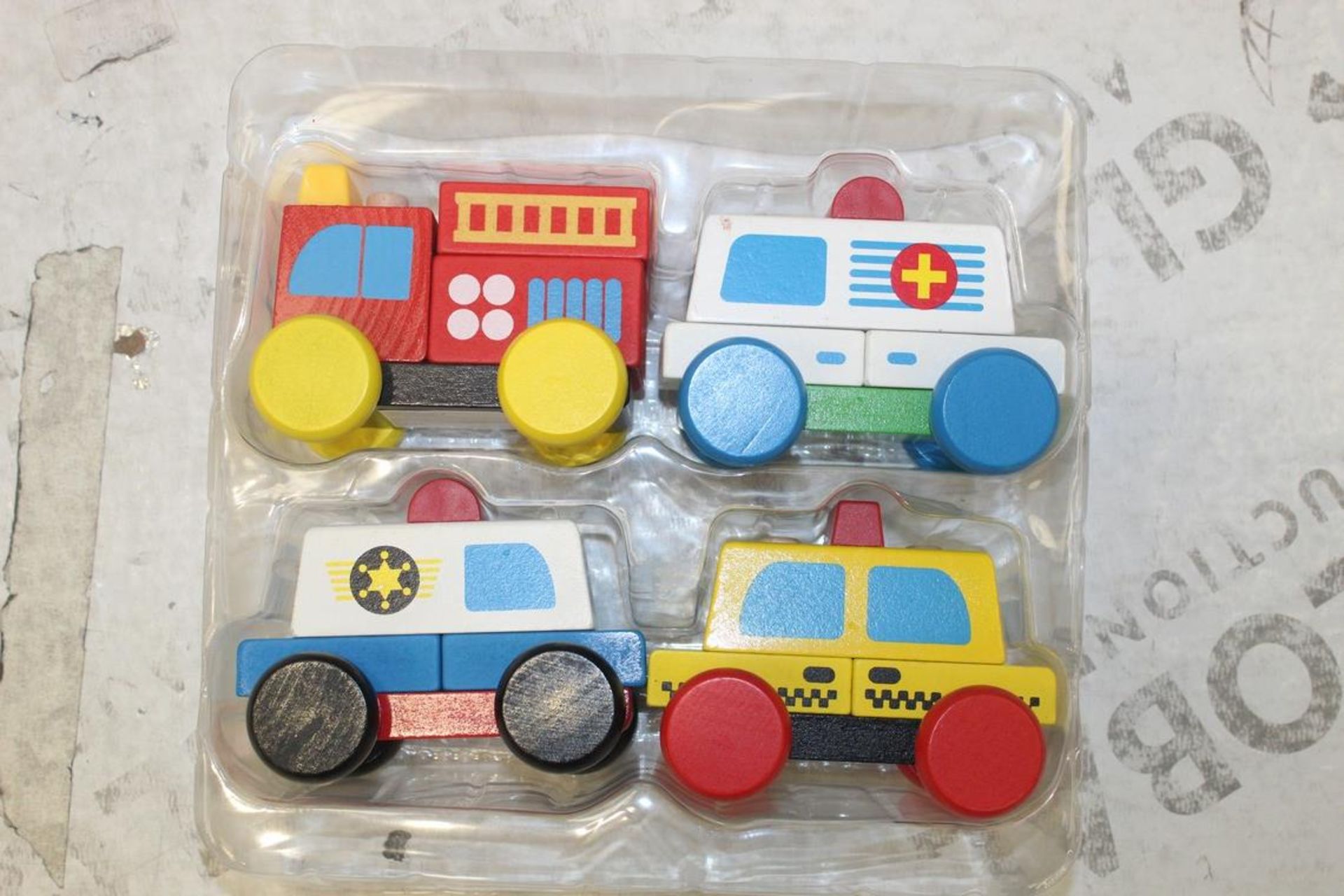 Lot to Contain 6 Boxed Brand New Sets of 4 My First Emergency Vehicles Wooden Push Along Toy Cars