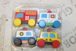 Lot to Contain 6 Boxed Brand New Sets of 4 My First Emergency Vehicles Wooden Push Along Toy Cars