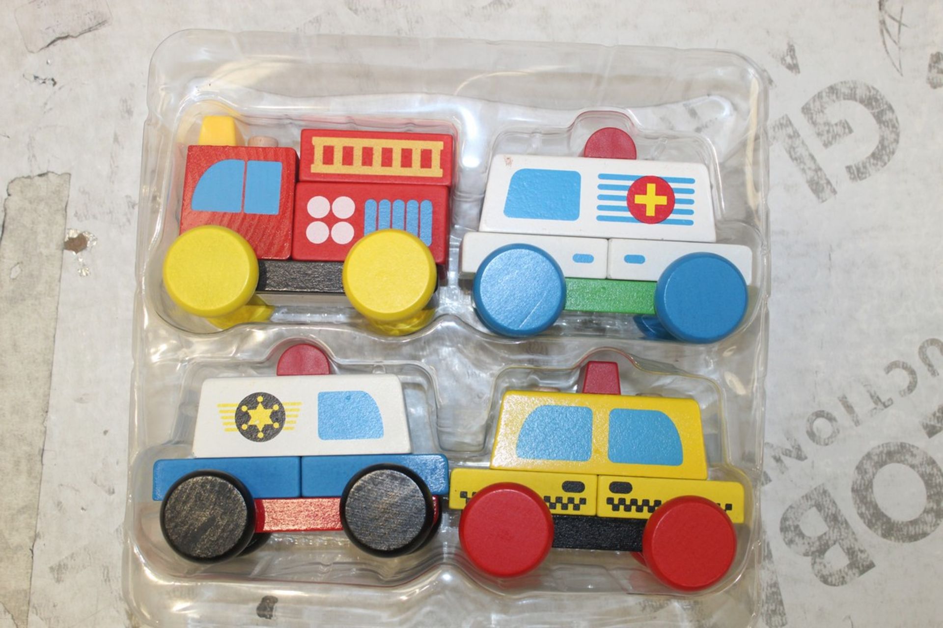 Lot to Contain 6 Boxed Brand New Sets of 4 My First Emergency Vehicles Wooden Push Along Toy Cars