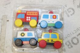 Lot to Contain 6 Boxed Brand New Sets of 4 My First Emergency Vehicles Wooden Push Along Toy Cars