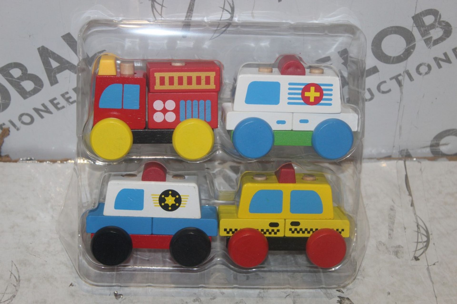 Boxed Brand New Sets Of 4 Solid Wooden My First Emergency Service Vehicles Push Along Toy Sets