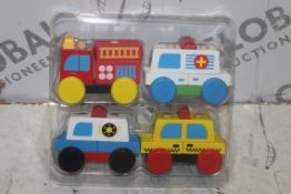 Boxed Brand New Sets Of 4 Solid Wooden My First Emergency Service Vehicles Push Along Toy Sets