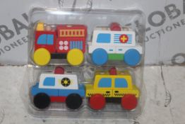 Boxed Brand New Sets Of 4 Solid Wooden My First Emergency Service Vehicles Push Along Toy Sets