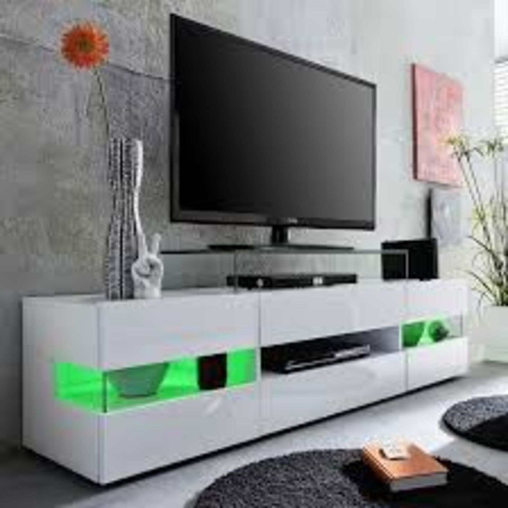 Boxed Kirsten TV Stand In White With Gloss Fronts And Led RRP £430