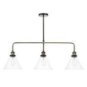 Boxed Lay 3 Light Bar Antique Brass Clear Glass Pendant Fitting RRP £130 (Pictures Are For