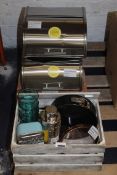Assorted Kitchen Items To Include Cocktail Shakers, Sieves, Cheese Graters, Bread Bin And Chopping