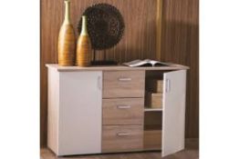 Boxed Sandford Wooden Sideboard In Brushed Oak & Pearl White RRP £240 (324316) 124 x 42.3 x 70.