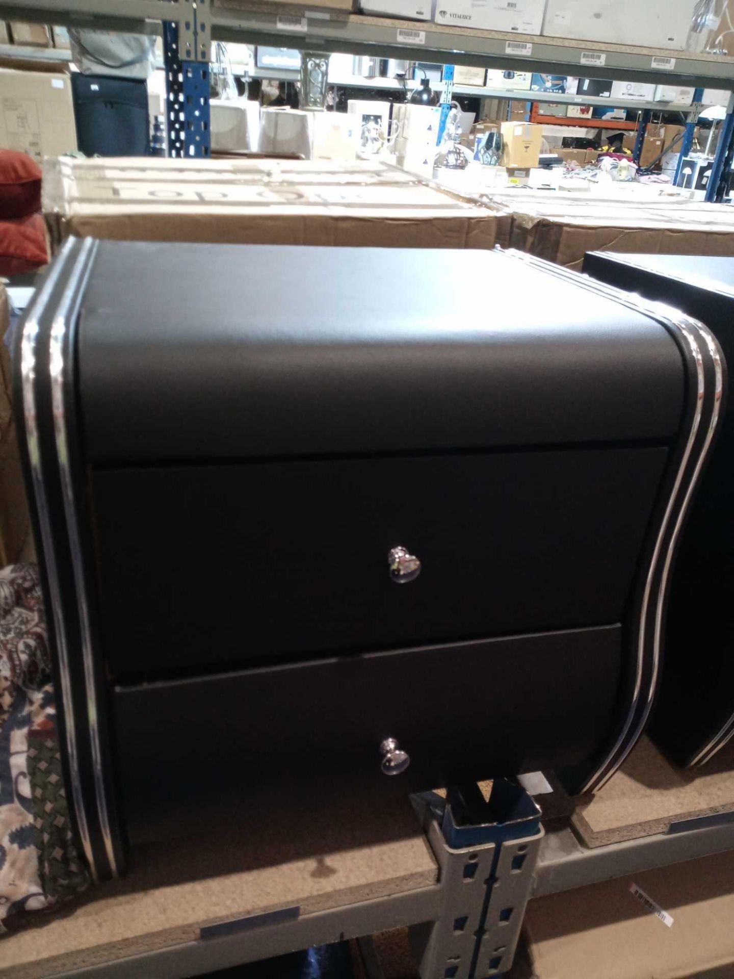 RRP £210 Veronica 2 Drawer Black Faux Leather Bedside Cabinet, Modern And Stylish Cabinet Will Add A