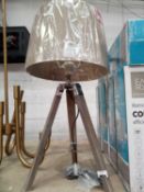 RRP £70. Unboxed Wooden Designer Tripod Table Lamp, Fabric Lampshade.